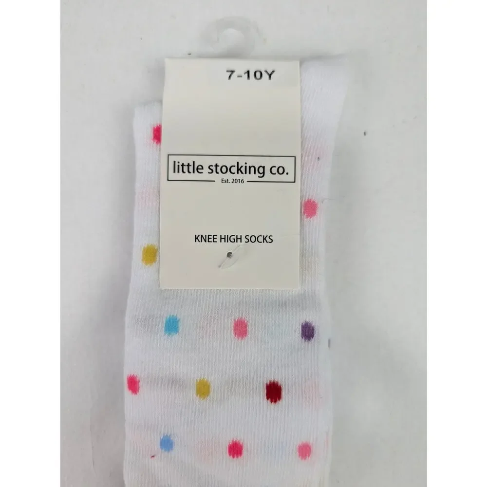 Little Stocking Girls 7-10Y White Dots Gold Lace Knee High Socks